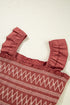 Geometric Stitch Shirred Bodice Ruffled Trim Smocked Mini Dress