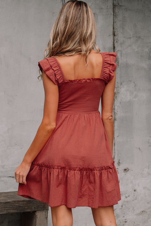 Geometric Stitch Shirred Bodice Ruffled Trim Smocked Mini Dress