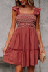 Geometric Stitch Shirred Bodice Ruffled Trim Smocked Mini Dress