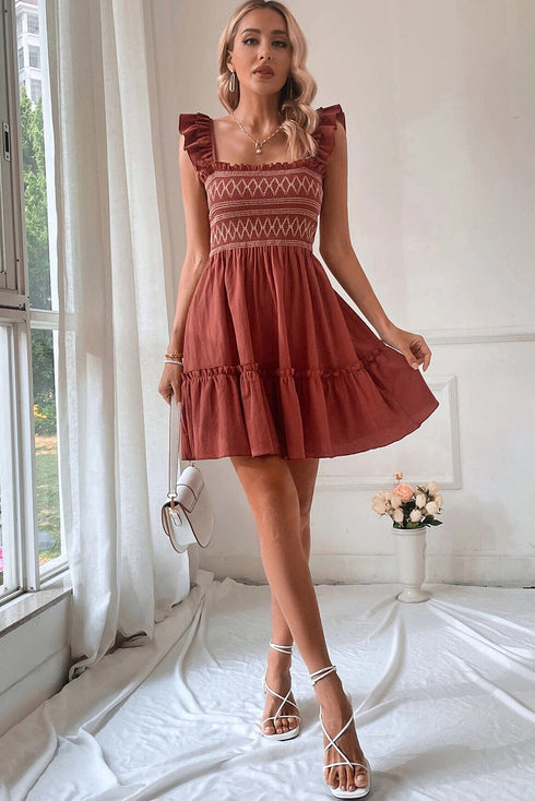 Geometric Stitch Shirred Bodice Ruffled Trim Smocked Mini Dress