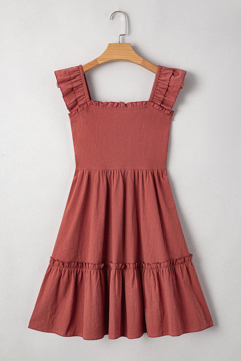 Geometric Stitch Shirred Bodice Ruffled Trim Smocked Mini Dress