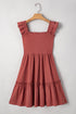 Geometric Stitch Shirred Bodice Ruffled Trim Smocked Mini Dress