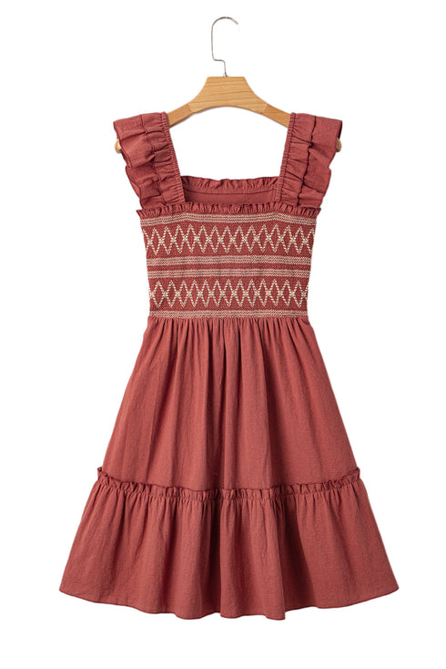 Geometric Stitch Shirred Bodice Ruffled Trim Smocked Mini Dress