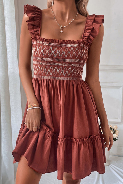 Geometric Stitch Shirred Bodice Ruffled Trim Smocked Mini Dress