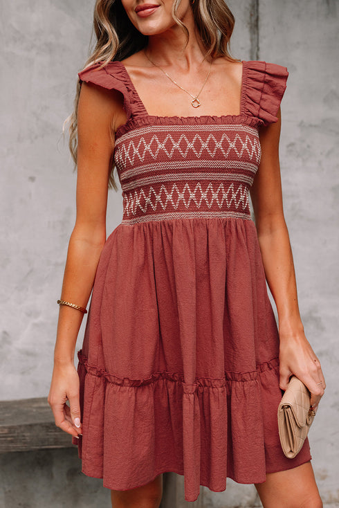 Geometric Stitch Shirred Bodice Ruffled Trim Smocked Mini Dress