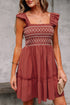 Geometric Stitch Shirred Bodice Ruffled Trim Smocked Mini Dress