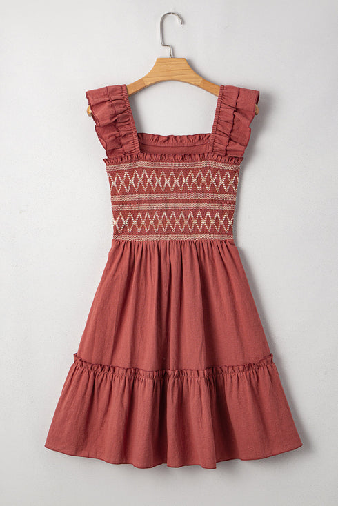 Geometric Stitch Shirred Bodice Ruffled Trim Smocked Mini Dress