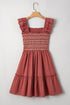 Geometric Stitch Shirred Bodice Ruffled Trim Smocked Mini Dress