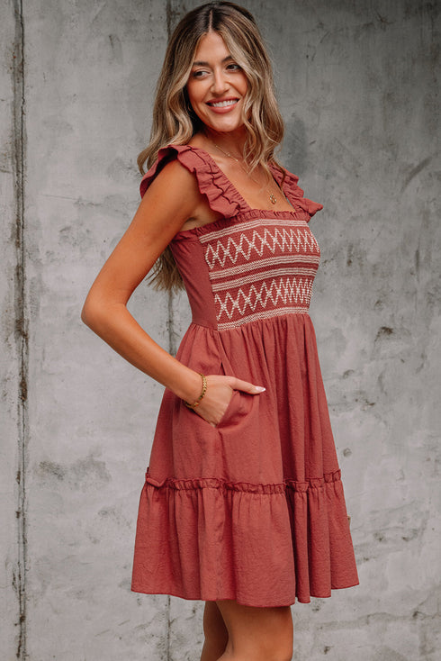 Geometric Stitch Shirred Bodice Ruffled Trim Smocked Mini Dress