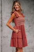 Geometric Stitch Shirred Bodice Ruffled Trim Smocked Mini Dress