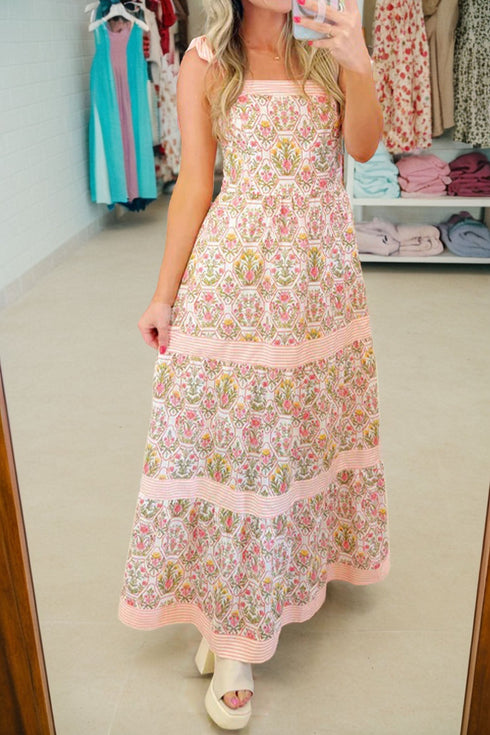 Geometric Striped Patchwork Sleeveless A Line Floral Dress