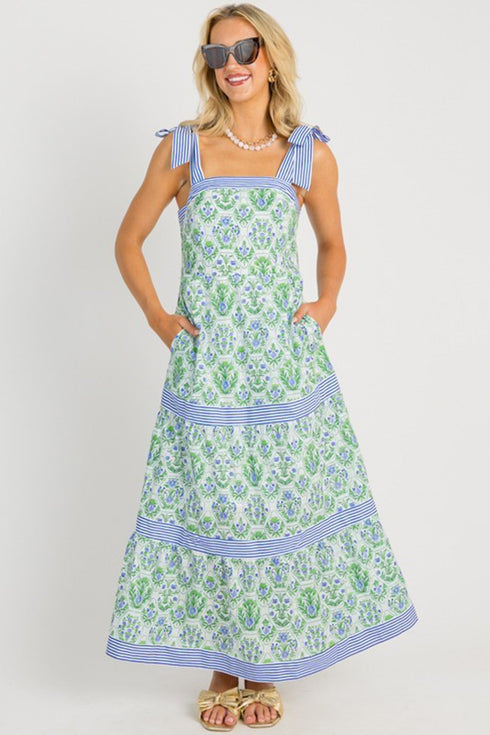 Geometric Striped Patchwork Sleeveless A Line Floral Dress