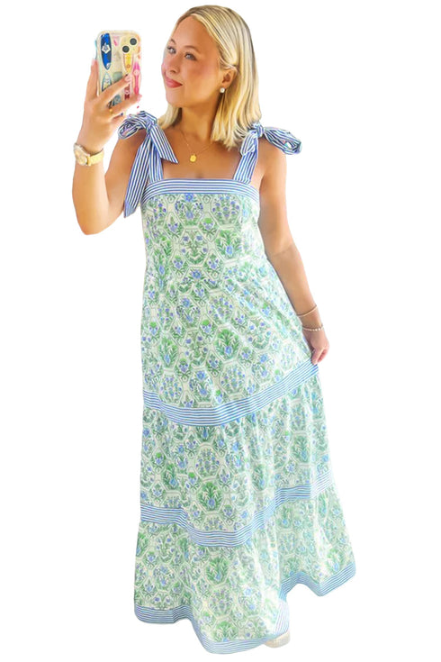 Geometric Striped Patchwork Sleeveless A Line Floral Dress