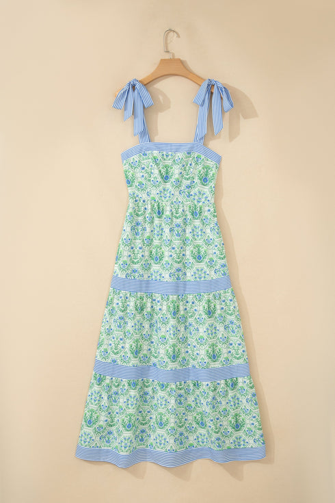 Geometric Striped Patchwork Sleeveless A Line Floral Dress