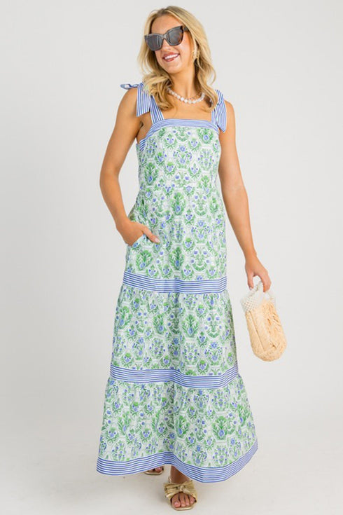 Geometric Striped Patchwork Sleeveless A Line Floral Dress