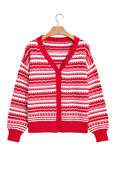 Geometric Striped Pattern V Neck Button Front Cardigan