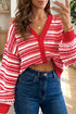 Geometric Striped Pattern V Neck Button Front Cardigan