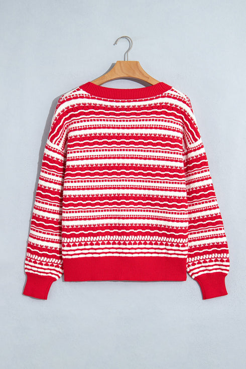 Geometric Striped Pattern V Neck Button Front Cardigan