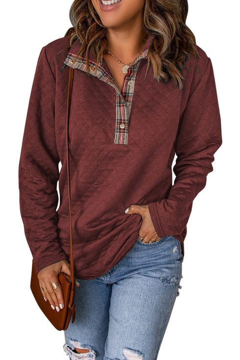 Geometric Texture Plaid Trim Long Sleeve Pullover Sweatshirt