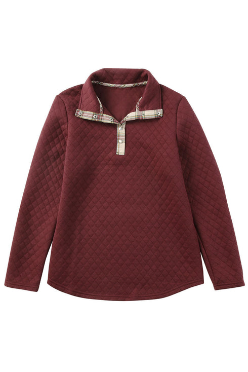 Geometric Texture Plaid Trim Long Sleeve Pullover Sweatshirt
