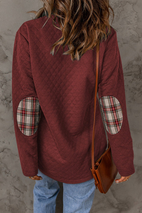 Geometric Texture Plaid Trim Long Sleeve Pullover Sweatshirt