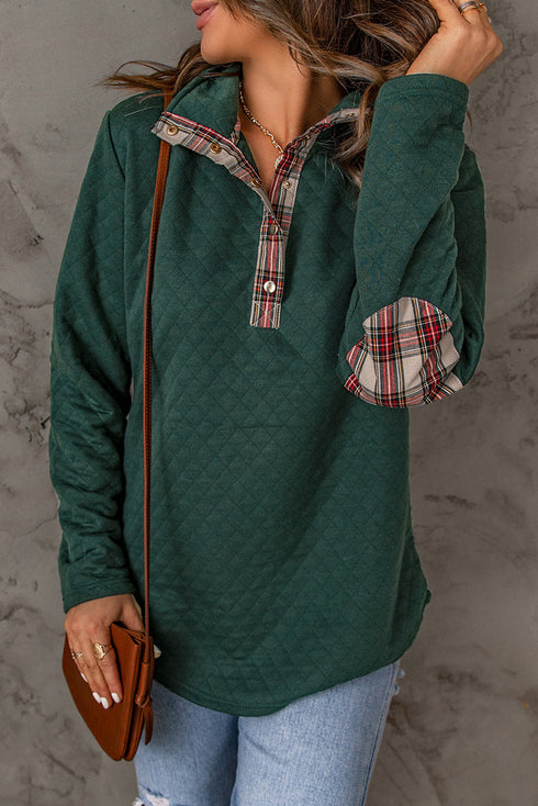 Geometric Texture Plaid Trim Long Sleeve Pullover Sweatshirt