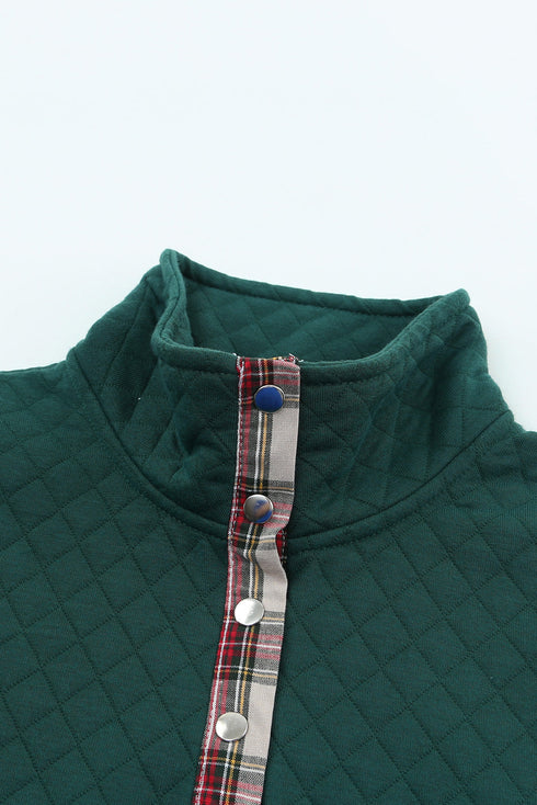 Geometric Texture Plaid Trim Long Sleeve Pullover Sweatshirt