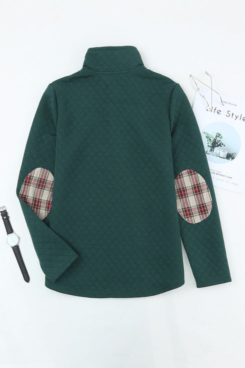 Geometric Texture Plaid Trim Long Sleeve Pullover Sweatshirt