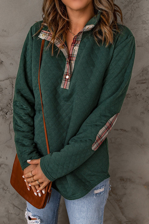 Geometric Texture Plaid Trim Long Sleeve Pullover Sweatshirt