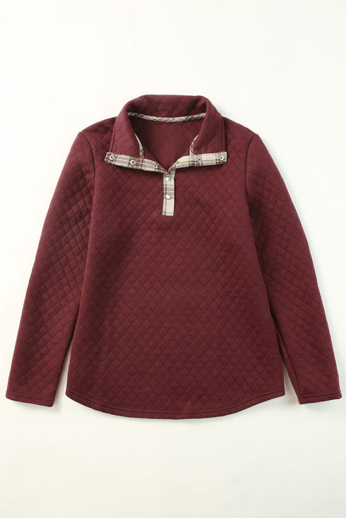 Geometric Texture Plaid Trim Long Sleeve Pullover Sweatshirt