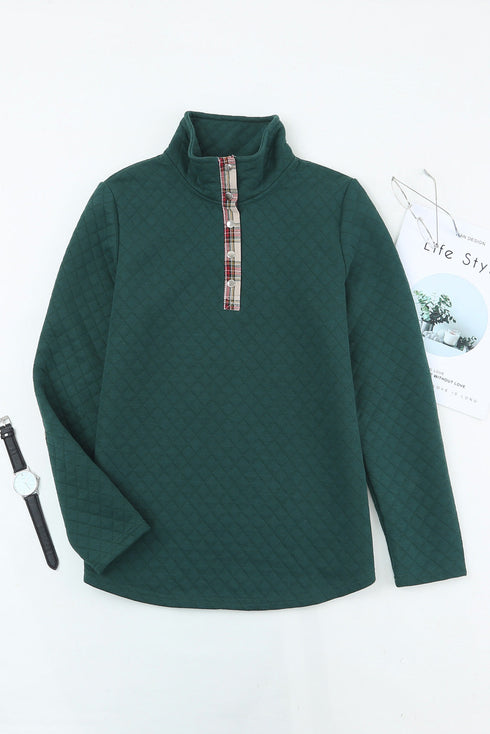 Geometric Texture Plaid Trim Long Sleeve Pullover Sweatshirt