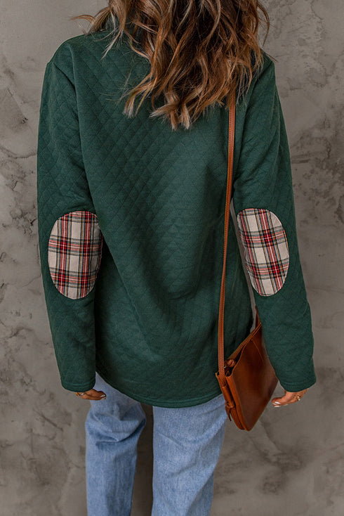 Geometric Texture Plaid Trim Long Sleeve Pullover Sweatshirt