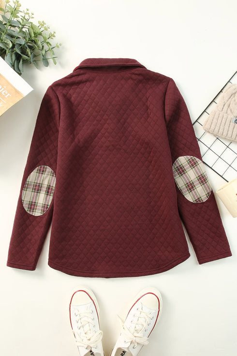 Geometric Texture Plaid Trim Long Sleeve Pullover Sweatshirt