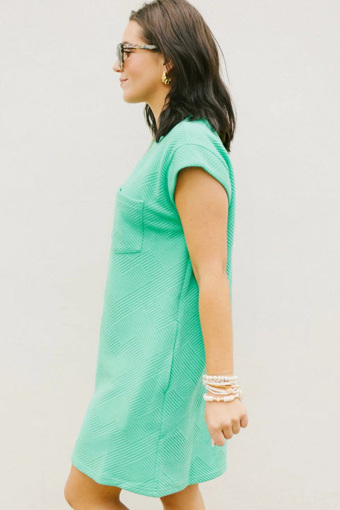Geometric Textured Knit Cap Sleeve Shift Dress