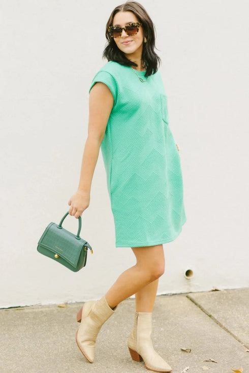 Geometric Textured Knit Cap Sleeve Shift Dress