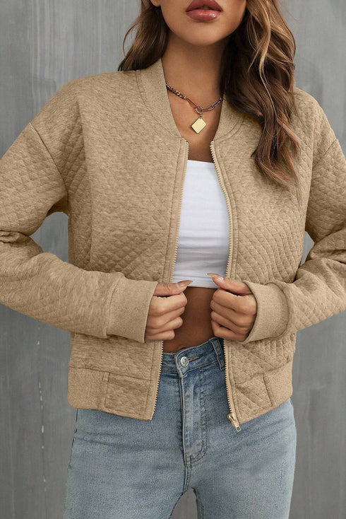 Geometric Textured Pattern Baseball Collar Jacket