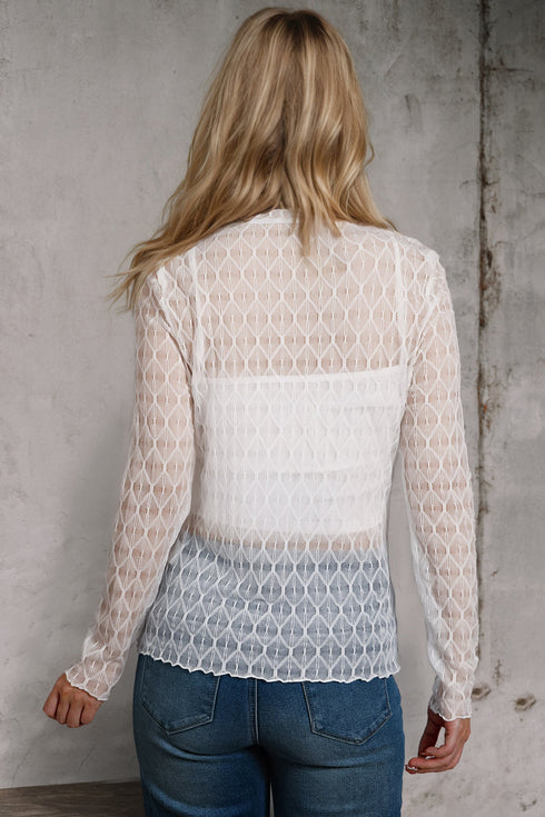 Geometric Textured Sheer Mesh Mock Neck Layering Top