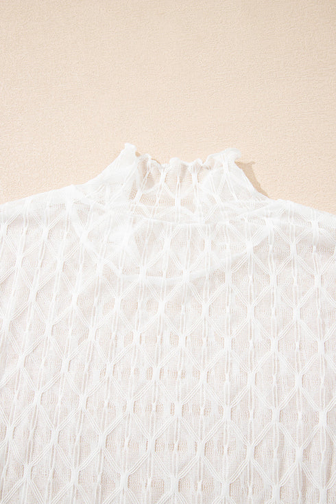 Geometric Textured Sheer Mesh Mock Neck Layering Top
