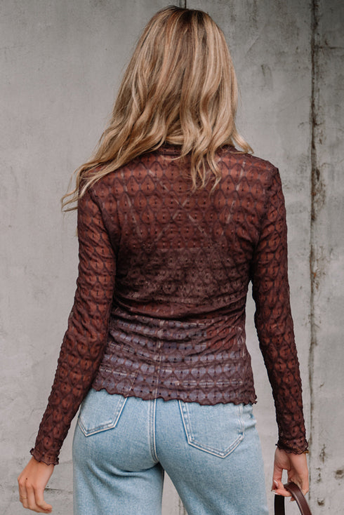 Geometric Textured Sheer Mesh Mock Neck Layering Top