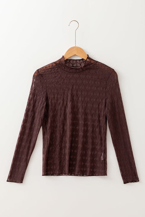 Geometric Textured Sheer Mesh Mock Neck Layering Top