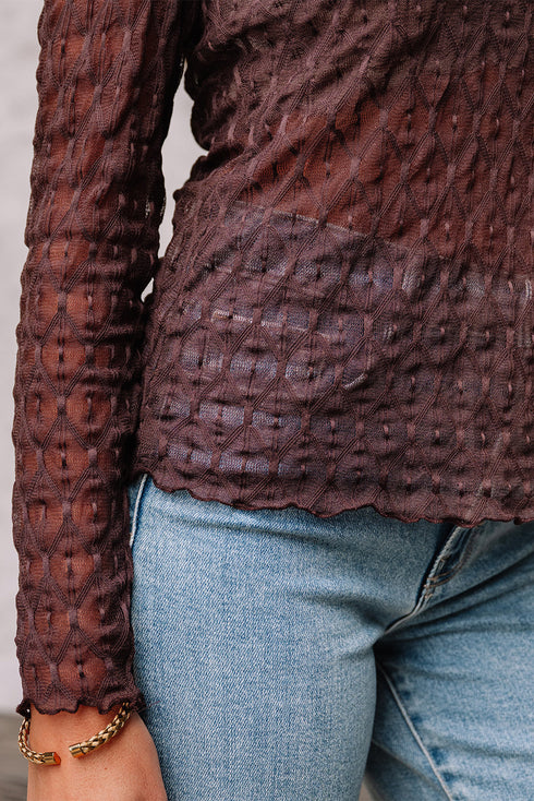 Geometric Textured Sheer Mesh Mock Neck Layering Top