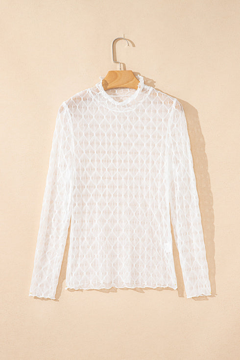 Geometric Textured Sheer Mesh Mock Neck Layering Top