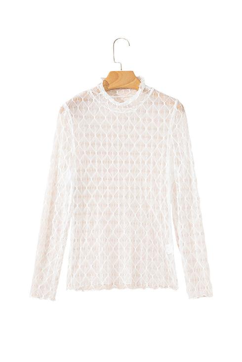 Geometric Textured Sheer Mesh Mock Neck Layering Top