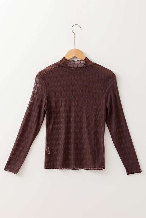Geometric Textured Sheer Mesh Mock Neck Layering Top