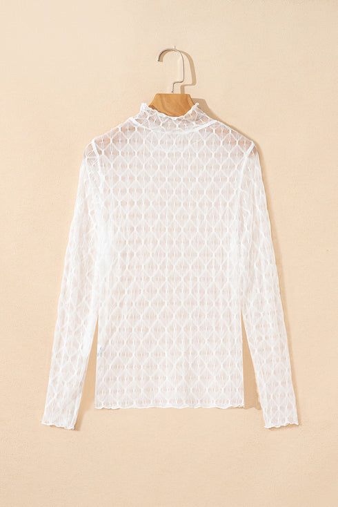 Geometric Textured Sheer Mesh Mock Neck Layering Top
