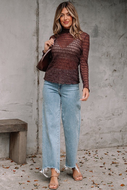 Geometric Textured Sheer Mesh Mock Neck Layering Top