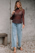 Geometric Textured Sheer Mesh Mock Neck Layering Top