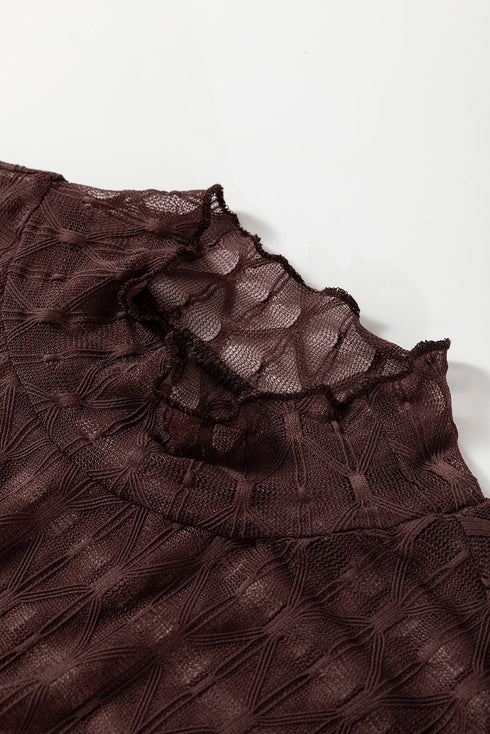 Geometric Textured Sheer Mesh Mock Neck Layering Top
