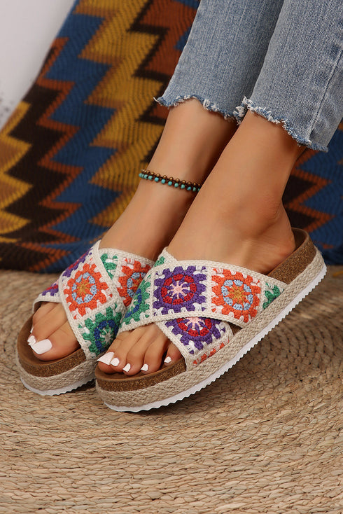 Geometric Woven Crochet Crisscross Strap Platform Slippers