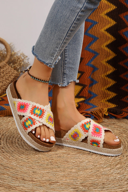 Geometric Woven Crochet Crisscross Strap Platform Slippers